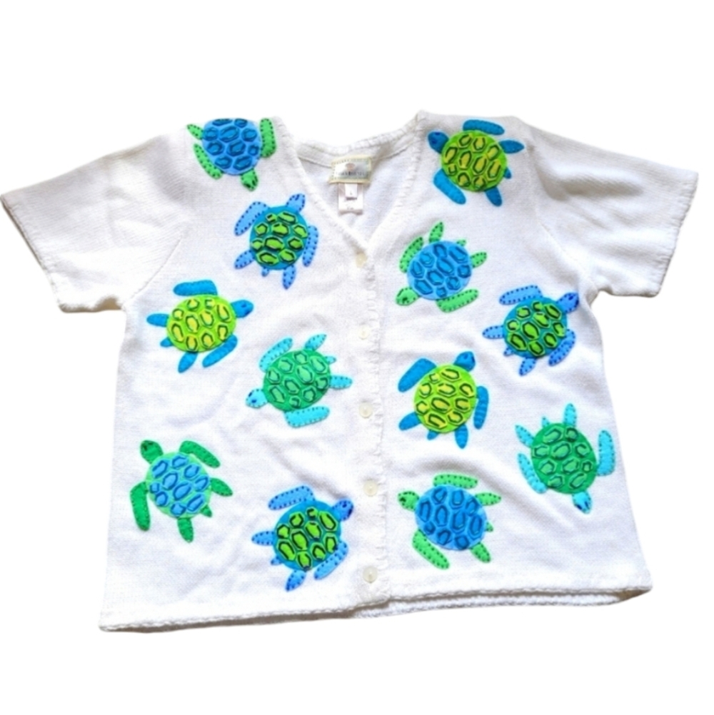100% Cotton Susan Bristol Felt Beaded Sea Turtles White 1999 Y2K Sweater Top